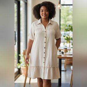 White Button-Down Dress with Plaid Scarf